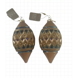 Raz Pair NWT Golden GLASS Christmas 3D Tree BLING Ornaments glitter Blue Sphere 6”