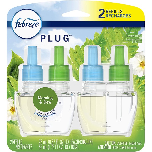 Febreze Plug in Air Freshener and Odor Eliminator, Scented Oil Refill, Morning & Dew, 0.87 Fl Oz (Pack of 2)