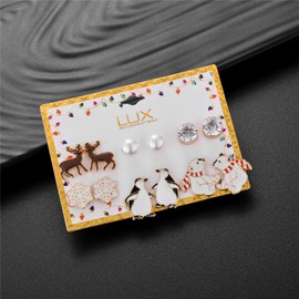 Lux Accessories Christmas Crystal Rhinestones Snowflakes Penguin Bear Scarf Stud Earrings Set of 6