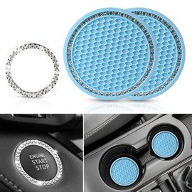 OUZORP Car Cup Coasters Blue 2 Pack with Push Start Button Bling Ring 1 Pack | Anti-Slip Car Coasters for Cup Holders…