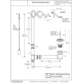 Westbrass A324-26 22-1/2" Bath Waste & Overflow Assembly with Trip Lever and Beehive Strainer Grid Drain, Polished Chrome