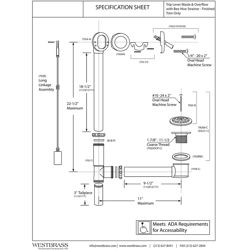 Westbrass A324-26 22-1/2" Bath Waste & Overflow Assembly with Trip