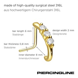 Piercingline® Women's Nose Studs with Three Large Crystals Clear Surgical Steel 0.8 mm, Stainless Steel