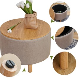 FUENTE LUZ Morden Round Coffee Table with Storage，End Accent Table and Solid Wood Legs， Sofa Ottoman Side Table with Removable Wooden Lid Tray for Bedroom，Living Room，Office (Cream)