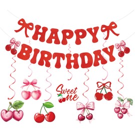 Sweet Cherry Party Decor 8Pcs Set, Piece, Happy Birthday Banner with Ceiling Decorations, Perfect for Girls Women Birthday Parties, Baby Showers, Photo Backdrops