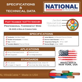 18/4 100Ft. NATIONAL Wire&Cable Thermostat Doorbell HVAC Heating Control Professional Cable Wire - Made in USA - 100% Solid Copper Conductors, CL2 ETL Listed, Low Voltage Applications Use