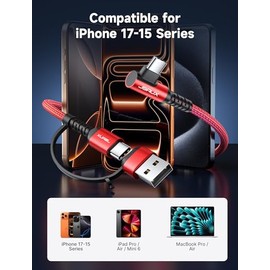 JSAUX Cable USB C de 100 W [2 unidades de 10 pies], cable de carga rápida en ángulo recto con adaptador USB A a C para iPhone Air/iPhone 17/iPhone 17 
