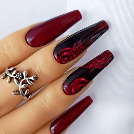 Black Press on Nails Long Coffin Fake Nails with Wine Red Large Rose Flower Pattern Design Autumn Winter Acrylic Glossy Stick on False Nails Artificial Full Cover Glue on Nails for Women Girls 24 Pcs
