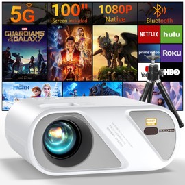 5G WiFi Bluetooth Projector, Outdoor Movie Projector [Projector Screen and Tripod Included], Full HD 1080P Video Projector for Home Theater, Compatible with Phone, HDMI, USB, Laptop, TV Stick, U Disk