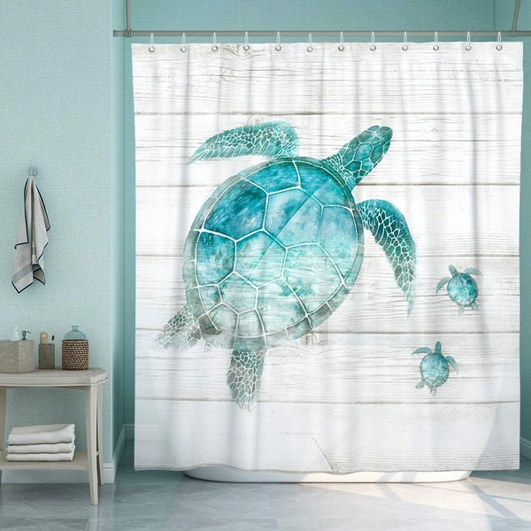 SUMGAR Sea Turtle Shower Curtain for Bathroom, Teal Turquoise Polyester Fabric Beach Ocean Coastal Themed Decor Waterproof Shower Curtains Set with Hooks, 72" x 72"