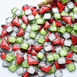 Heromor 'Christmas Night' Mosaic Tiles - 200g Mixed Colour Set for Festive Decor, DIY Crafts & Children's Kits (Red, Silver, Green)