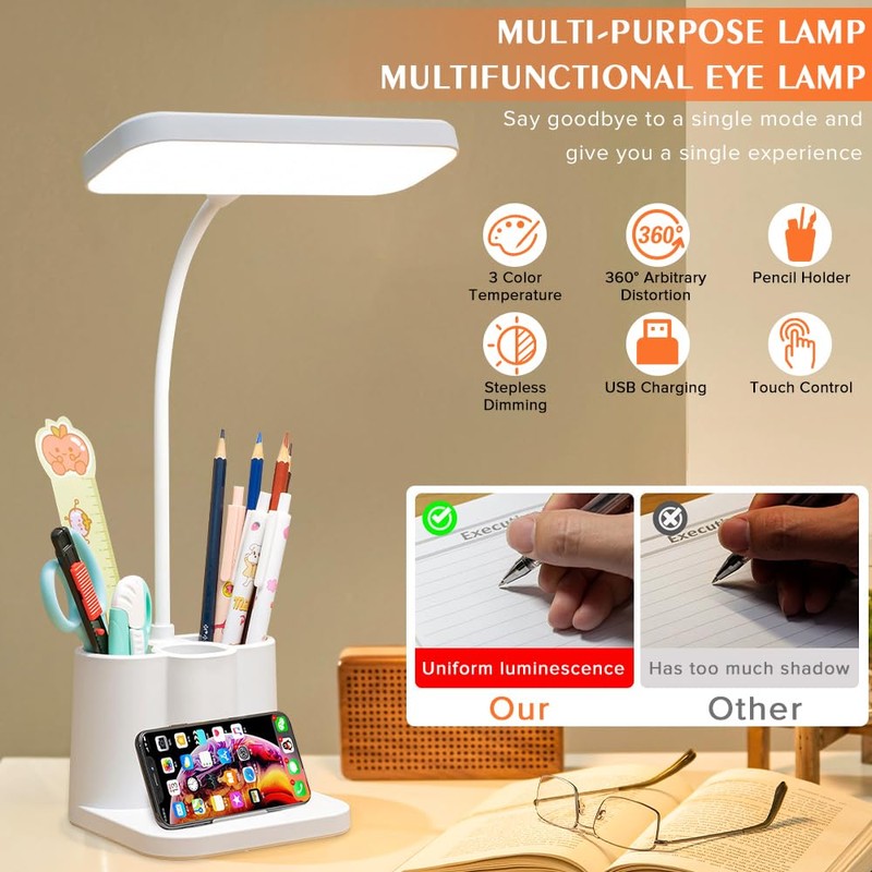 Necomi LED Desk Lamp,3 Color Mode,with Pen Holder and Phone