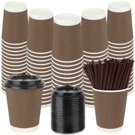 100 Pack 12 oz Disposable Coffee Cups with Lids and Straws, Insulated Ripple Wall To Go Paper Coffee Cups for Coffee, Double Wall Ripple Insulated Hot Coffee Cups, Hot Chocolate, Cocoa - Brown