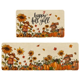 Xsinufn Fall Thanksgiving Pumpkin Kitchen Rugs Set of 2,Cute Happy Fall Y'all Scarecrow Pumpkins Farmhouse Floor Mats and Rugs Non Skid Washable for Autumn Kitchen Home Decor (17"x47"+17"x30")
