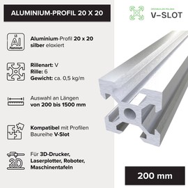 V Slot 2020 Silver Length 200-1500 mm V Type Anodised Linear Schine for 3D Printers Prusa Ender, CR-3, AM-8, Aluminium Profile Ideal for Building Hobby CNC Machines, Laser Plotters (200 mm)