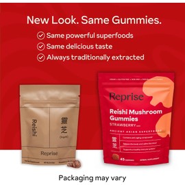 Reprise Asian Reishi Gummies, 240 mg Full-Spectrum Reishi Mushroom, Immune System Support, All-Natural Energy & Vitality Support, 100% Plant Based Vegan & Gelatin Free, Strawberry Flavored, 45 Gummies