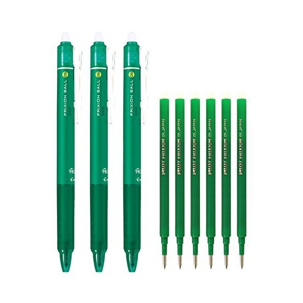 Pilot FriXion Ball Knock Retractable Erasable Gel Ink Pens, Extra Fine Point 0.5mm, Green Ink, 3 Pens & 6 Refills Value Set