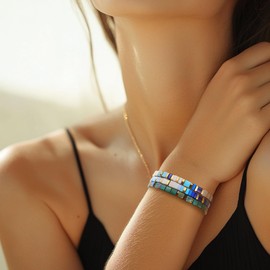 Sonateomber Tila Flat Beaded Stretch Bracelets for Women, Trendy Stackable Royal Blue Light Blue White Gold Glass Square Beads Stack Bracelet Beach Jewelry Gift