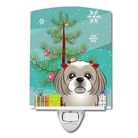 Caroline's Treasures BB1622CNL Christmas Tree and Gray Silver Shih Tzu Ceramic Night Light Compact, UL-Certified, Ideal for Bedroom, Bathroom, Nursery, Hallway, Kitchen, 6x4x3, Multicolor