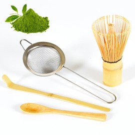 Zen Shi Fu Japanese Matcha Whisk Set - Handmade Bamboo Whisk,Matcha Sifter and Traditional Tea Scoop & Spoon-Perfect Matcha Kit with Macha Strainer Tea accessories for tea lovers (4PCS)