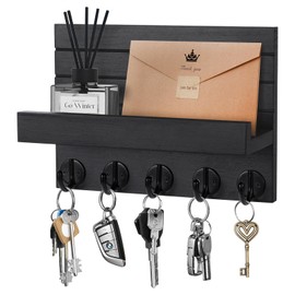 Kldgris Key Rack with Shelf, Decorative Wooden Wall Shelf, Key Rack Wood Black, with 5 Key Hooks, for Entrance, Hallway, Bedroom, Living Room