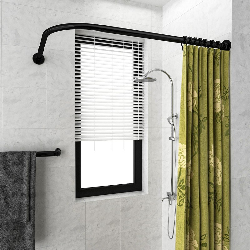 Tanxih Adjustable Corner Shower Curtain Rod L Shaped Black Stretchable