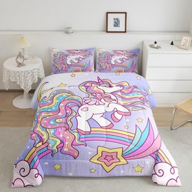 Feelyou Purple Unicorn Bedding Set - Twin Size Glitter Comforter Set for Teens - Star Rainbow Comforter - Cute Unicorn Quilt Set 2Pcs