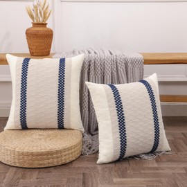 Tosleo Set of 2 Navy Blue Boho Decorative Pillow Covers 20x20 Inch Farmhouse Rustic Couch Throw Pillows Modern Spring Cotton Cushion Covers Retro Cute Macrame Woven Home Decor for Bed Sofa Chair