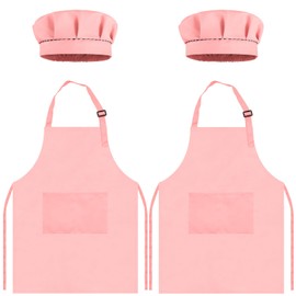 TOPWAYS Kids Apron and Chef Hat, Kids Aprons for Cooking, 2 Pack, Adjustable, Kids Chef Outfit, Toddler Kitchen Cooking Apron, Kids Artist Apron, Bibs for Kids from 3 4 5 6 7 8 9, 2 x pink