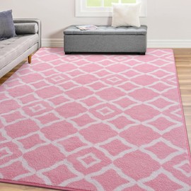 Kimicole 6x9 Washable Area Rugs for Living Room Bedroom, Large Low Pile Ulta-Thin Fluffy Rug, Non-Slip Soft Fuzzy Carpet for Nursery Kids Room Dorm Room Home Decor (Pink/White)