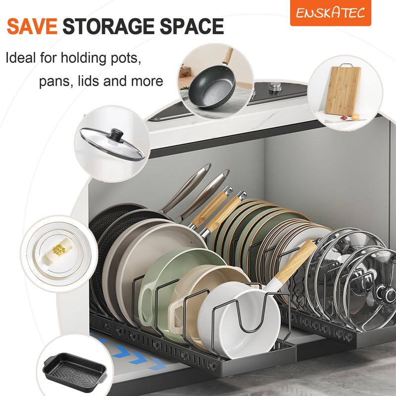 Enskatec Expandable Pots and Pans Organizer Under Cabinet, Sliding Pot
