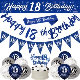 Yontree 18th Birthday Decorations - Blue & Silver Banners, Triangle Flags, Cake Toppers & More for Him