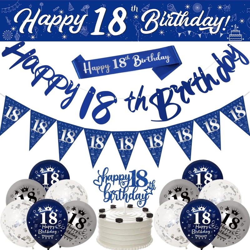 Yontree 18th Birthday Decorations - Blue & Silver Banners, Triangle