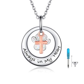 DAYLINLOVE Paw Print Urn Necklace for Ashes 925 Sterling Silver Circle of Life Cremation Necklace for Pet Ashes Cross Memorial Ash Holder Jewelry Keepsake for Dog Cat Animal lovers