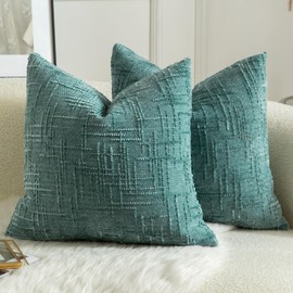 MANDIOO Pack of 2 Soft Chenille Textured Throw Pillow Covers Square Accent Solid Decorative Cushion Cover Cozy Farmhouse Pillow Case for Couch Sofa Bed Living Room 16x16 Inch Teal
