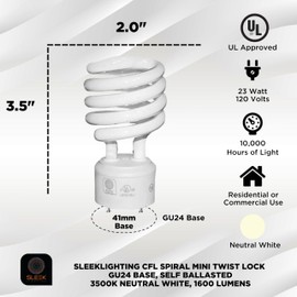 SLEEKLIGHTING - 23 Watt GU24 Base 2 Prong Light Bulbs- UL Approved CFL Light bulbs-120v 60Hz - Twist Lock Spiral -Self Ballasted CFL gu24 Light Bulb- 3500K- 1600s Neutral White 4 Pack (100 Watt Equ)