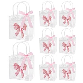 Dmnnlp 8 Pcs Pink Bow Clear Gift Bags, Small Birthday Bag with Handle Ribbon Bow, Party Pink Bags for Birthdays Wedding Baby Shower Mother's Day Bachelorette Hen Party Gift Decoration (Large Bow)