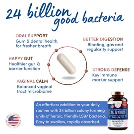 WINDSOR BOTANICALS Lactobacillus Salivarius Probiotic Capsules - L Salivarius Probiotic Oral Dental Probiotics for Bad Breath, Teeth and Gums Health and Immune Support - 24bn CFU, 2-Pack 120 Caps