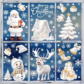 GOMANCHE 190 Pcs Stereoscopic Effect Christmas Window Clings, Double-Sided Printed Santa Claus Snowflake Window Stickers, Self Adhesive Window Decal Decoration for Xmas Holiday Winter Party
