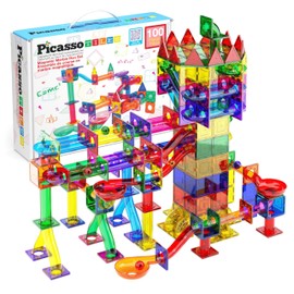 PicassoTiles 100pc Magnetic Marble Run Set with Racing Track Tiles Funnels Curved Slopes and Steel Balls for Kids STEM Construction Indoor Learning Toy That Promotes Focus and Problem Solving PTG100