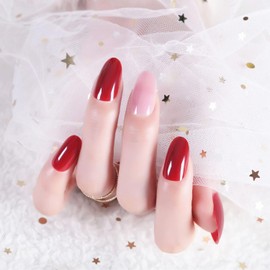 Pufandor Press on Nails Short Oval Nails 2 Colors Fake Nails with Mini Nail File, Jelly Glue, Manicure Stick, Clean Pad 24Pcs Red Pink False Nails varied Sizes Reusable Almond Press on Nails