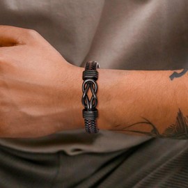 Infinity Knot Bracelet for Men, Brown Braided Leather Stainless Steel Mens Bracelet, Anniversary Birthday Graduation Gifts Engraved with Love You Forever To My Daddy From Daughter 19-21CM