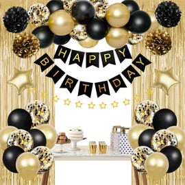 Birthday Decorations for Men Women, Gold and Black Party Decorations, Happy Birthday Banner with Black Gold Balloons Pom Poms Confetti Foil Fringe Curtains, Men Golden Birthday Party Decor