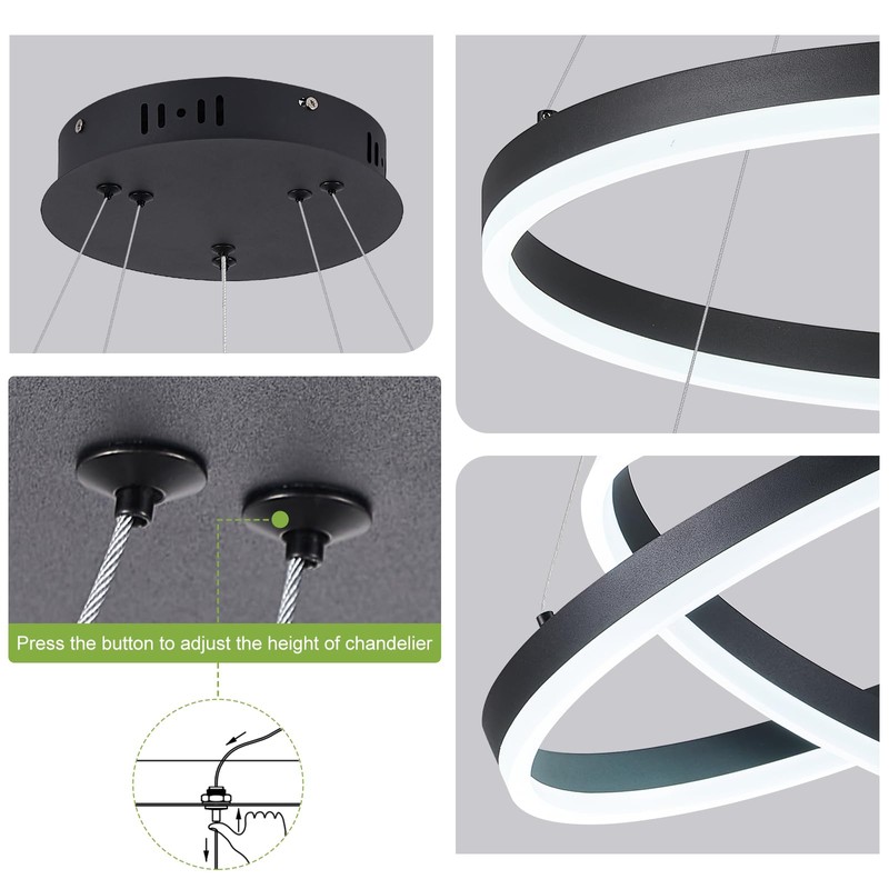 Benkut 2-Rings Modern LED Chandelier Black for Dining Room, Circular