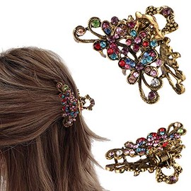CROWN GUIDE Vintage Rhinestone Hair Claw Crystal Jaw Clips,Metal Alloy Fancy Hair Barrette Decorative Flowers Hair Clasps Accessories for Women Thick Hair Colourful