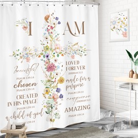 LIGHTINHOME Inspirational Shower Curtain 60Wx72H Inches,Christian Bible Verses Bathroom Decor, Floral Scriptures Motivative Farmhouse Quotes Cross Words Waterproof Polyester Home Decor Set with Hooks