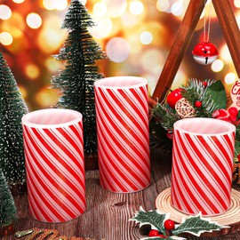 Whaline Christmas LED Flameless Candles Red Glitter Stripe Warm Light Battery Operated Pillar Candles Xmas Candy Cane Stripe Electric Flickering Candles for Party Home Decor, Set of 3