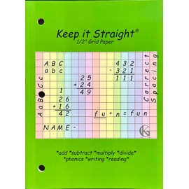 Keep it Straight ADHD Tools for Kids, Architecture for Kids - Colorful 1/2 Squares Grid Graph Paper, 3-Hole Punch, Perforated, Ideal for Dyslexia and Calligraphy Paper