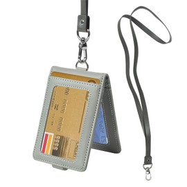 smatime ID Card Holder PU Leather ID Card Holder 2-Sided Card Case Name Plate Badge Removable Lanyard Slim Credit Card Cases for Business Exhibition Office Students Grey