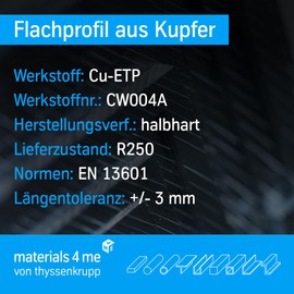 thyssenkrupp Copper Rod 12 x 3 mm in 2450 mm Length | Flat Profile Copper Flat Bar Flat Material | CW004A Round Edge R250